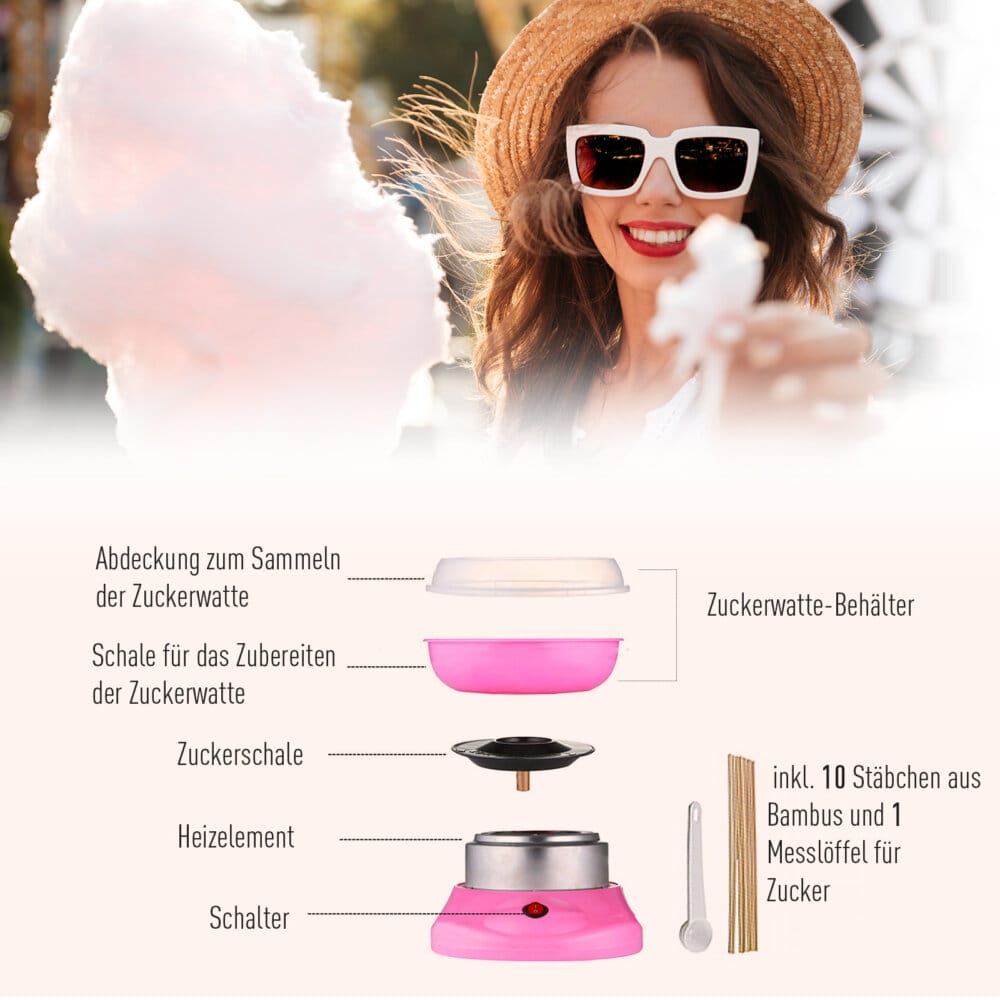 Eine rosa Zuckerwattemaschine für die einfache und schnelle Zubereitung.