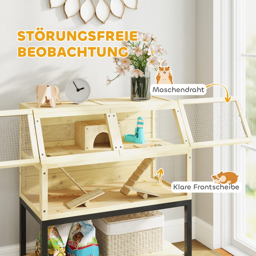 Naturholz-Zwerghamsterkäfig (87x43x101cm) mit Wasserflasche, Hütte & Rädern.